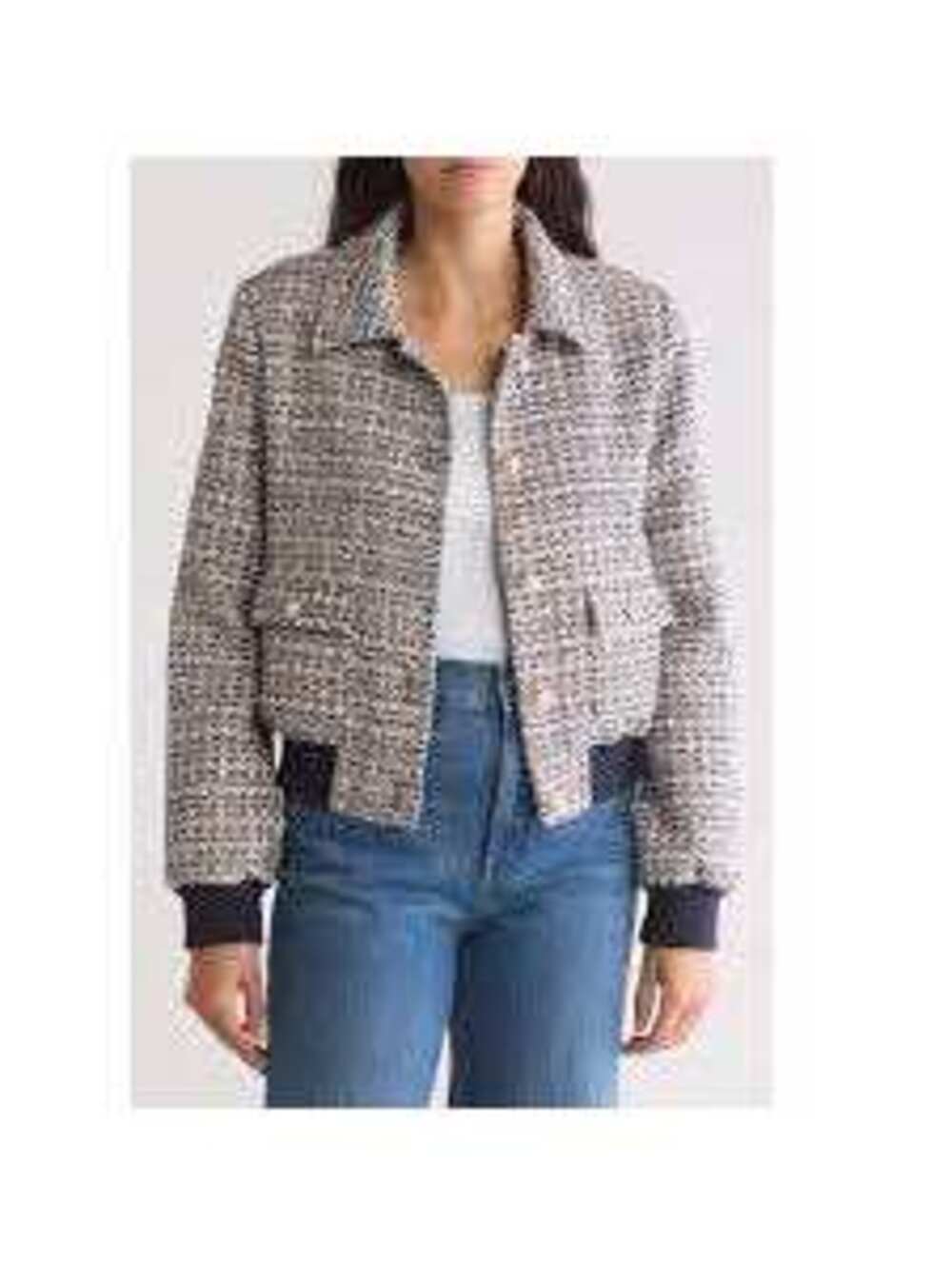 Laundry by Shelli Segal Women's Tweed Navy Blue Pearl Bomber Jacket XL